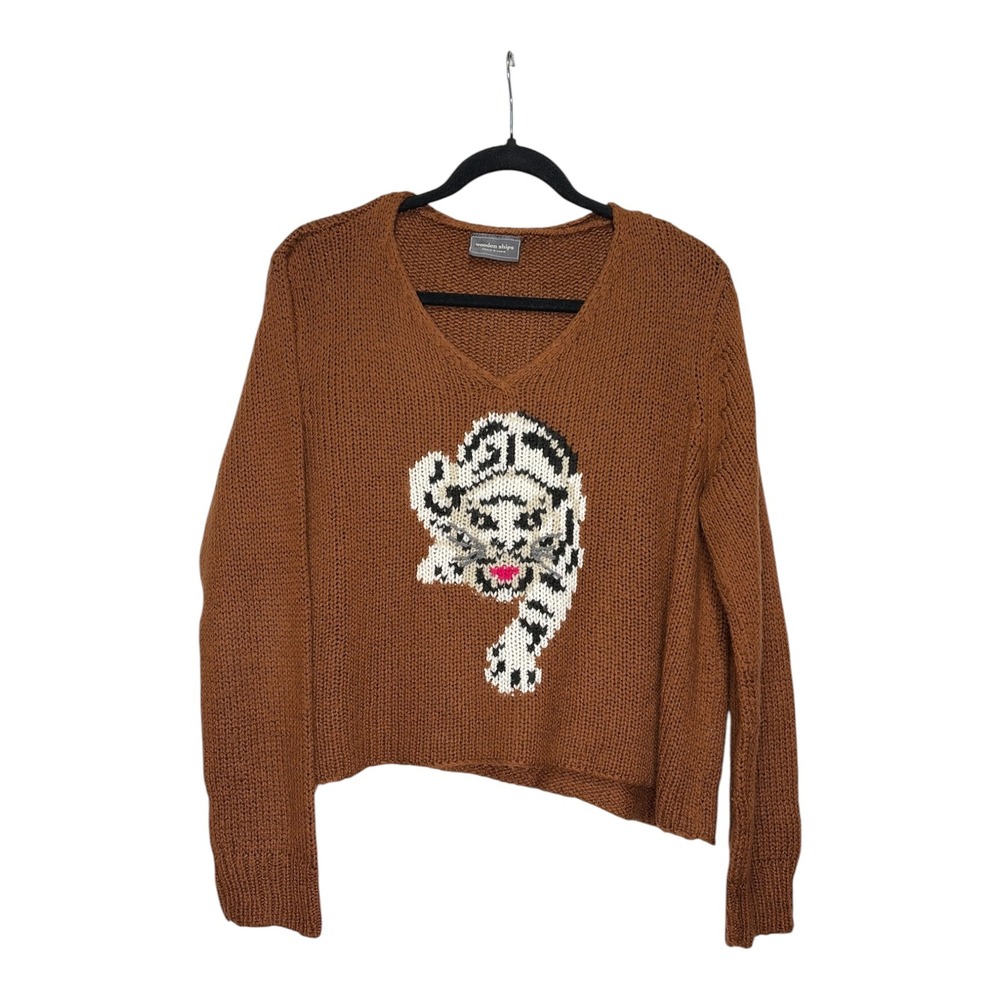 Wooden Ships White Tiger Knit Sweater Rust Brown Mohair Blend V-Neck SM